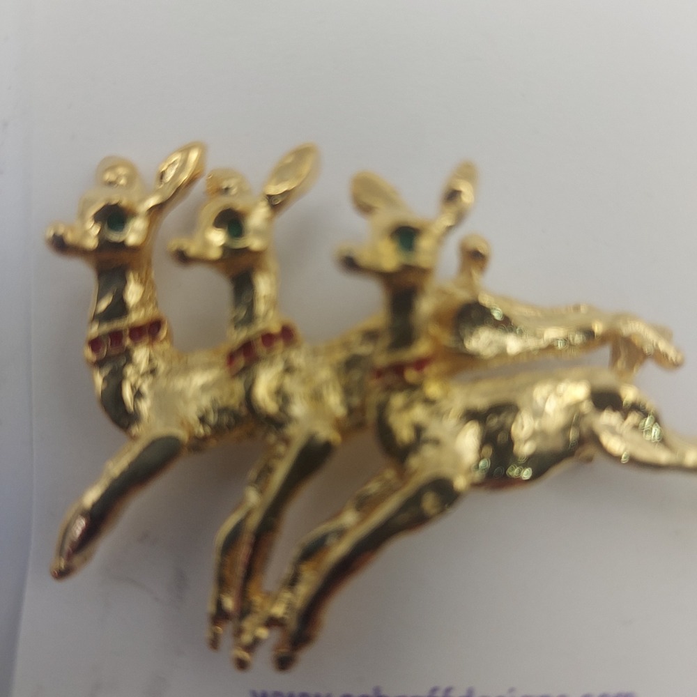 Schraff Designs Gold Tone Running‎ Reindeer Christmas Holiday Brooch Pin